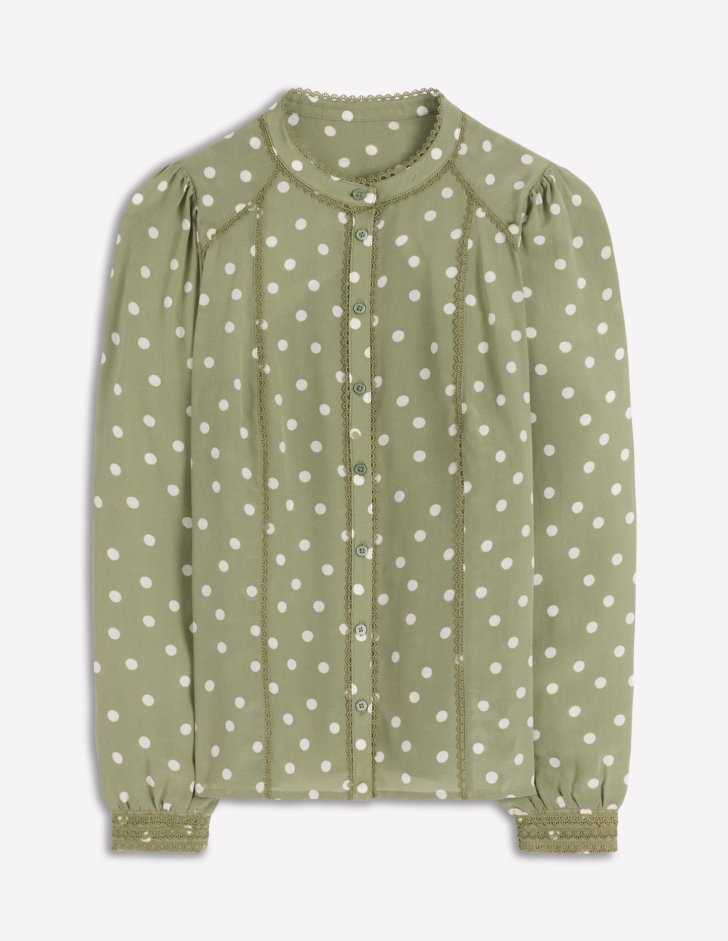 Rhea Trim Detail Silk Top-Larch Green, Painted Dot