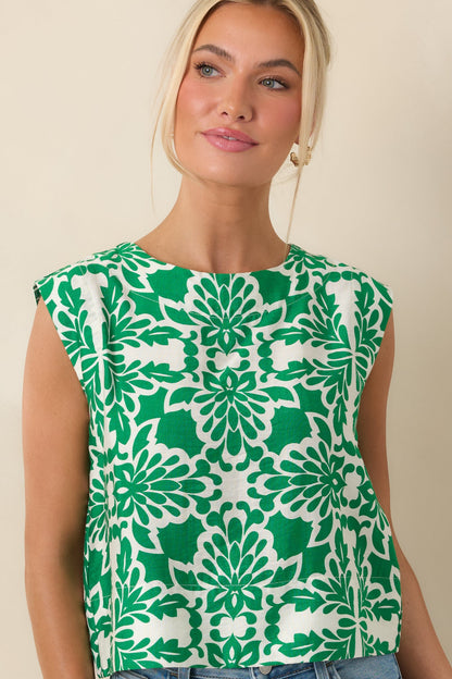 Dinner On The Terrace Green Sicilian Tile Print Sleeveless Top