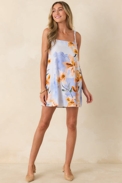 MINKPINK Sunspell Blue Multi Floral Linen Blend Shift Mini Dress