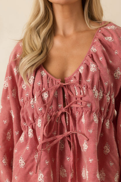 FRNCH Maui Red Vintage Floral Cotton Tie Front Blouse
