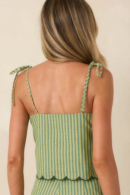 MINKPINK Capri Green Stripe Cotton Linen Scallop Cami Top