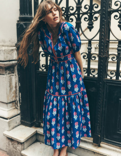 Rhea Embroidered Midi Dress-Gallery Blue, Dahlia Sprig