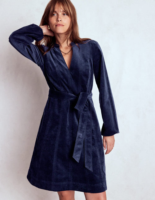 Ros Panelled Cord Short Dress-Navy