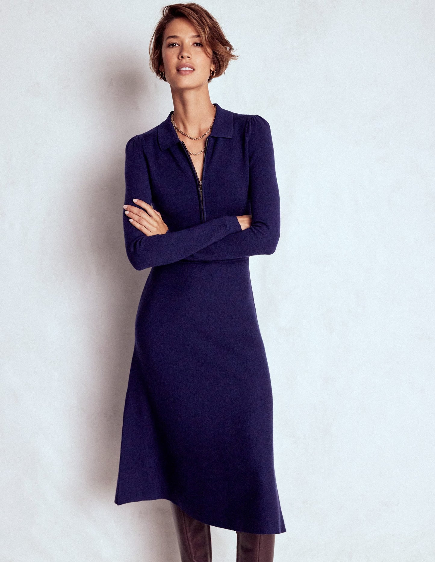 Fiona Zip Front Knitted Dress-Navy
