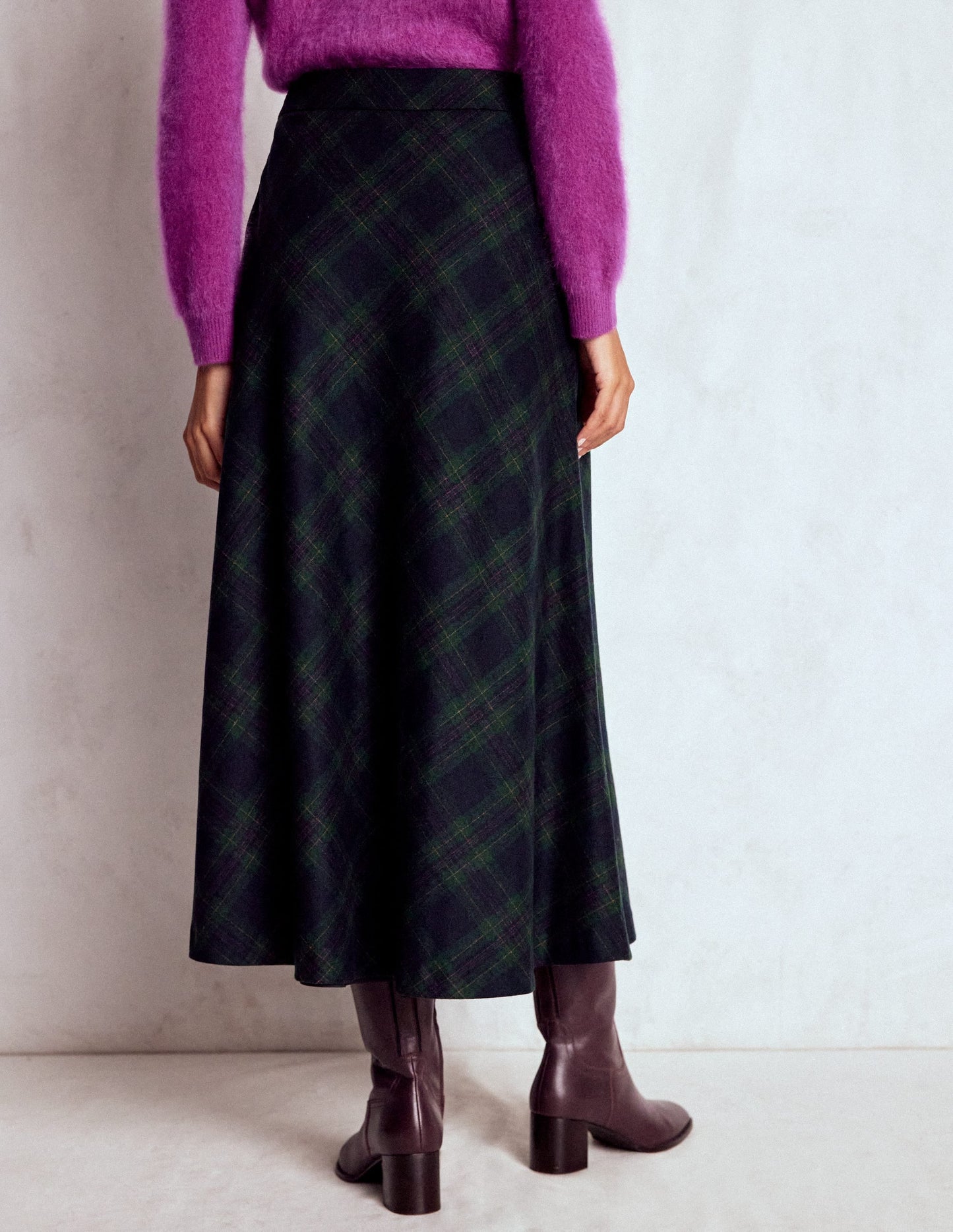 Hayley Wool Midi Skirt-Navy and Green Tonal Check