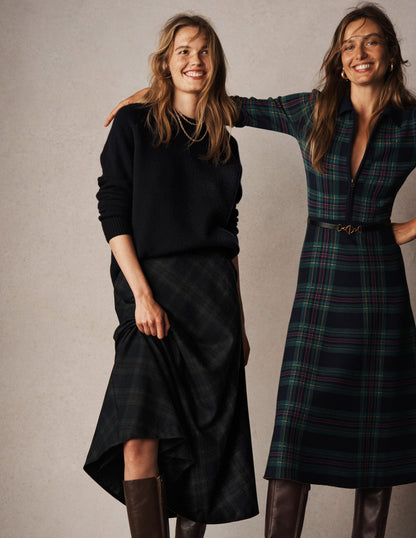 Hayley Wool Midi Skirt-Navy and Green Tonal Check