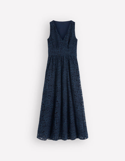 Lace Plunge Neck Panel Dress-Navy