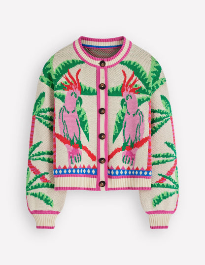 Abi Jacquard Cardigan-Warm Ivory, Palm Tree Birds