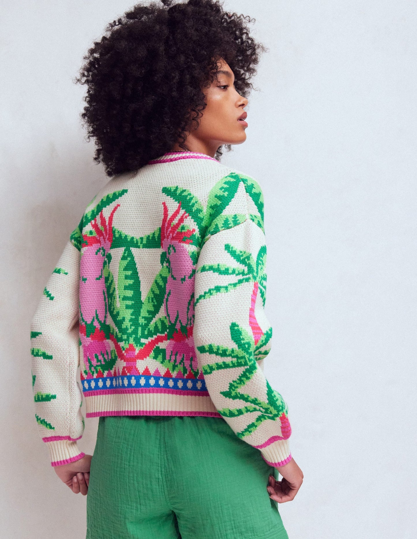 Abi Jacquard Cardigan-Warm Ivory, Palm Tree Birds