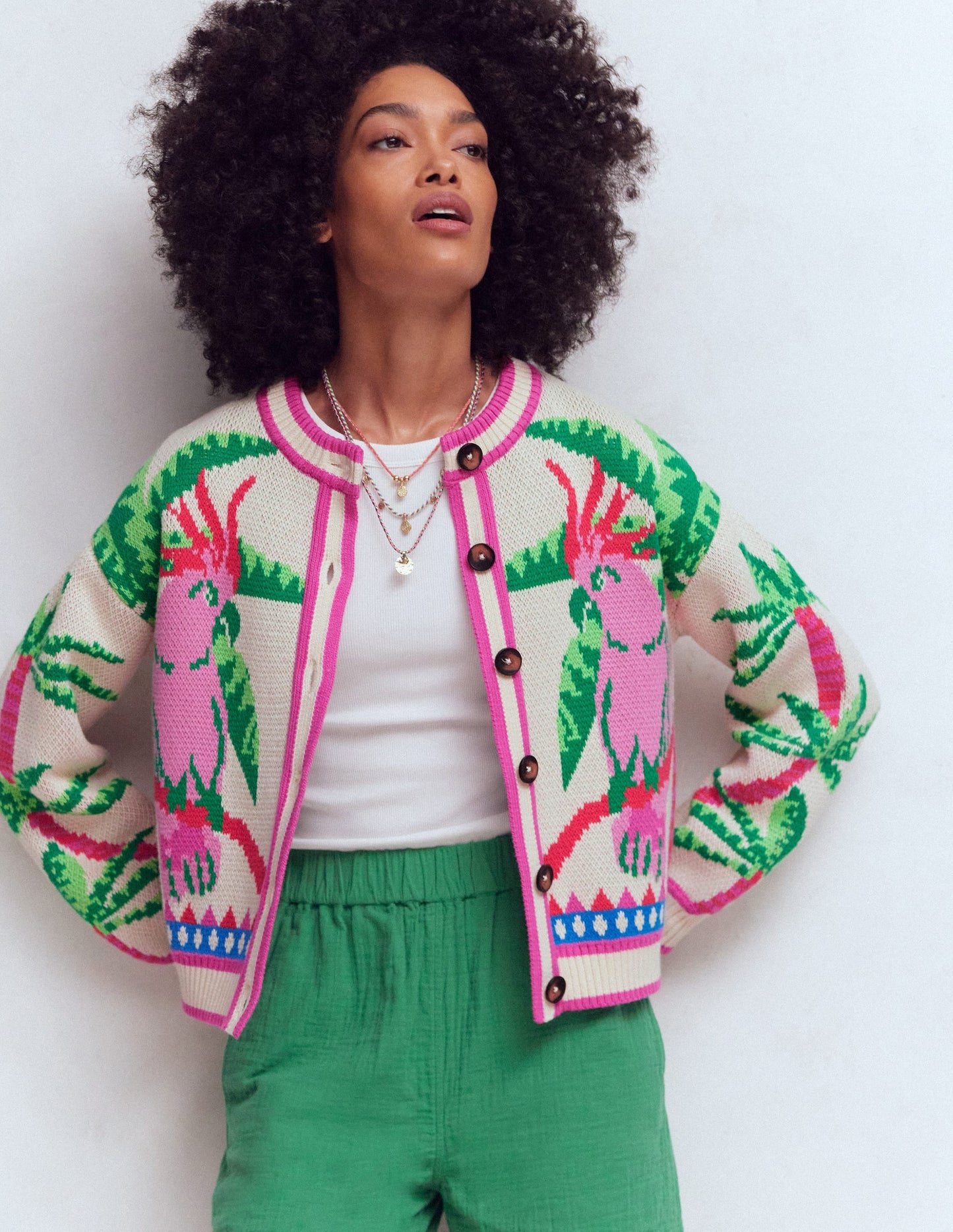 Abi Jacquard Cardigan-Warm Ivory, Palm Tree Birds