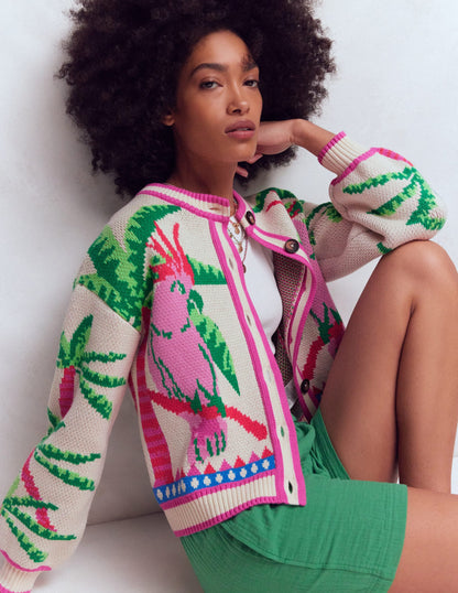 Abi Jacquard Cardigan-Warm Ivory, Palm Tree Birds