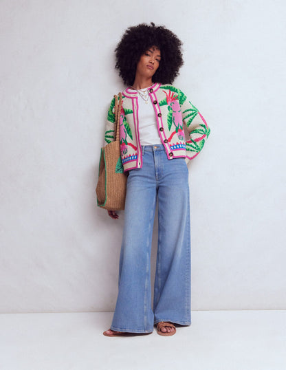 Abi Jacquard Cardigan-Warm Ivory, Palm Tree Birds