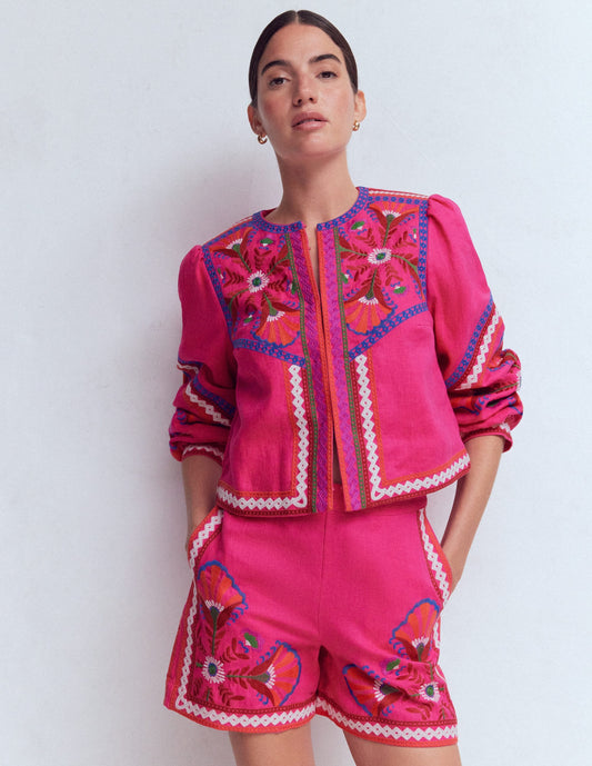 Embroidered Linen Shorts-Pink Peony, Embroidered