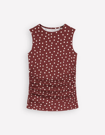 Tia Sleeveless Ruch Jersey Top-Bitter Chocolate & Ivory Spot