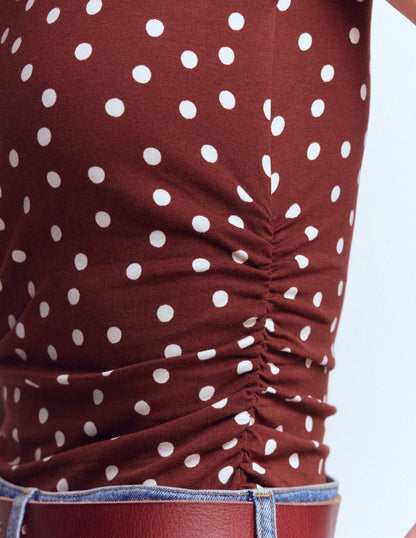 Tia Sleeveless Ruch Jersey Top-Bitter Chocolate & Ivory Spot