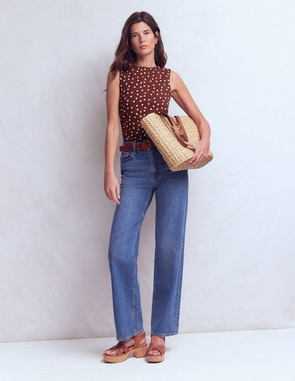 Tia Sleeveless Ruch Jersey Top-Bitter Chocolate & Ivory Spot