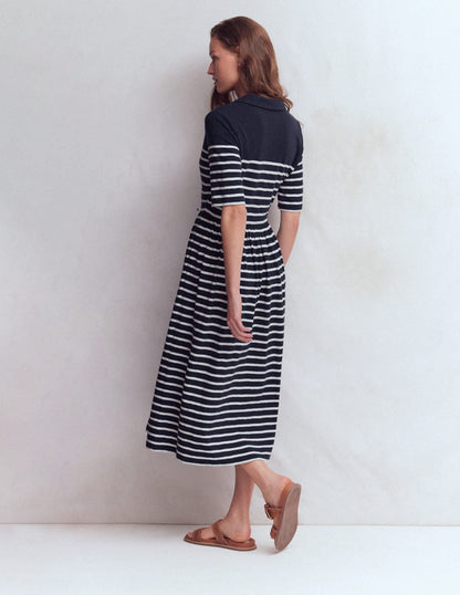 Aria Collared Jersey Dress-Navy, Ivory Stripe