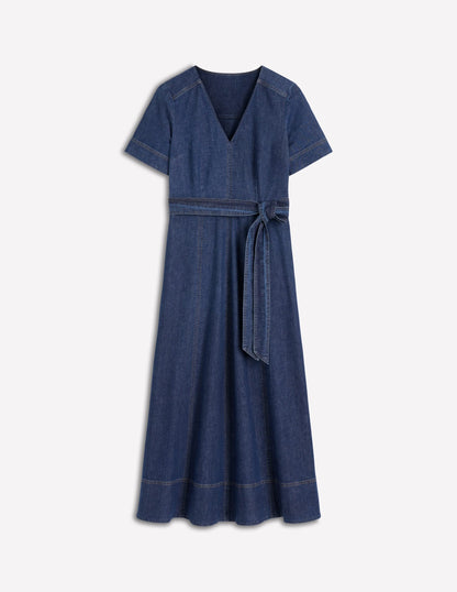 V-Neck Denim Dress-Mid Vintage