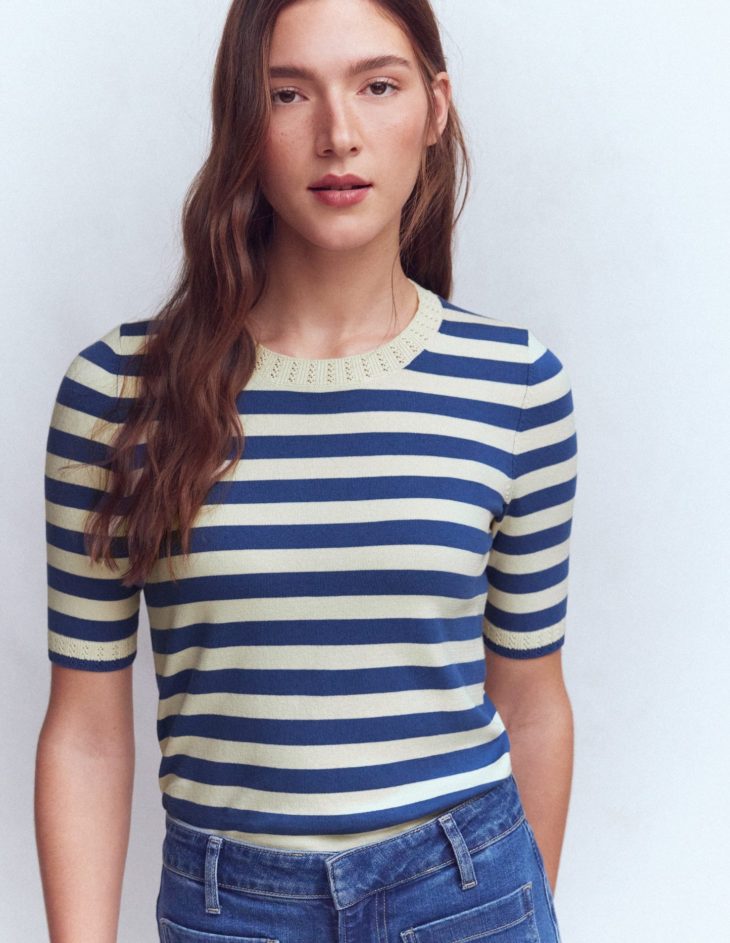 Emilia Cotton Crew T-shirt-Denim Blue/ Warm Ivory