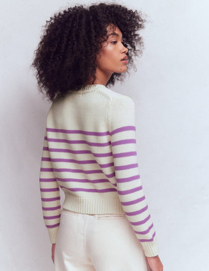 Lucy Chunky Cotton Cardigan-Warm Ivory/ Mulberry Purple