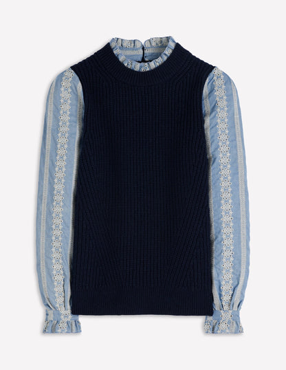Knit and Woven Mix Jumper-Navy