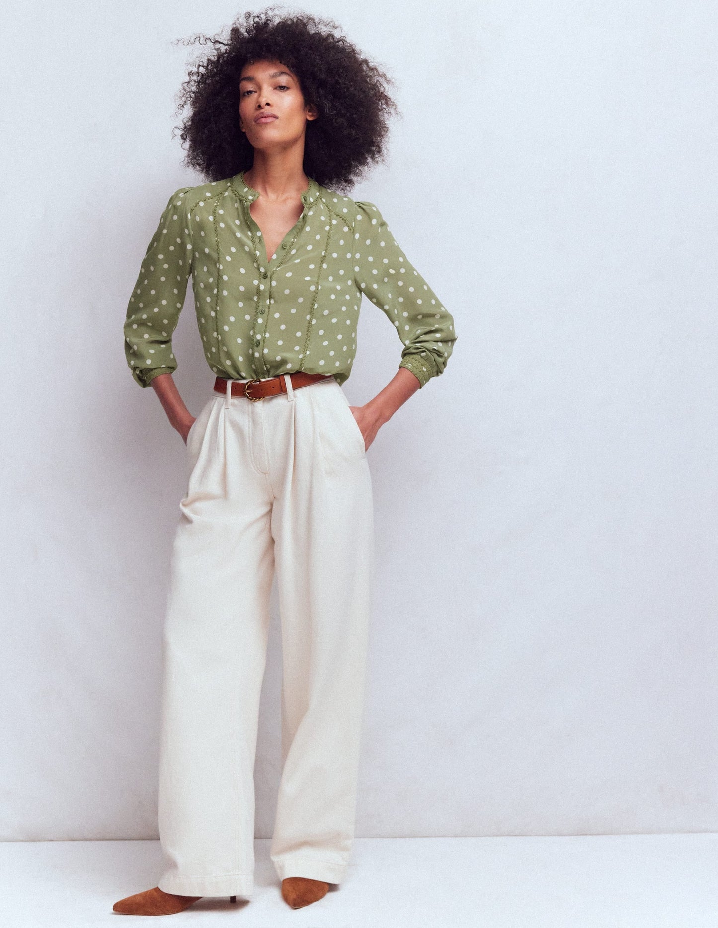 Rhea Trim Detail Silk Top-Larch Green, Painted Dot