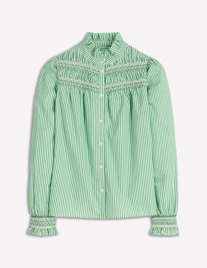 Esme Smocked Detail Frill Top-Highland Green, Ivory Stripe