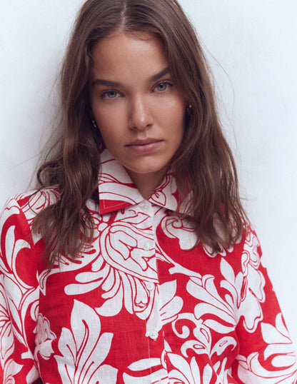 Puff Sleeve Linen Shirt-Merida Red, Botanical Flourish