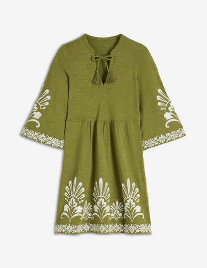 Short Kaftan Jersey Dress-Khaki Embroidered