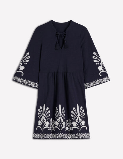 Short Kaftan Jersey Dress-Navy Embroidered
