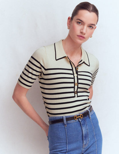 Liz Henley T-Shirt-Ivory. Navy