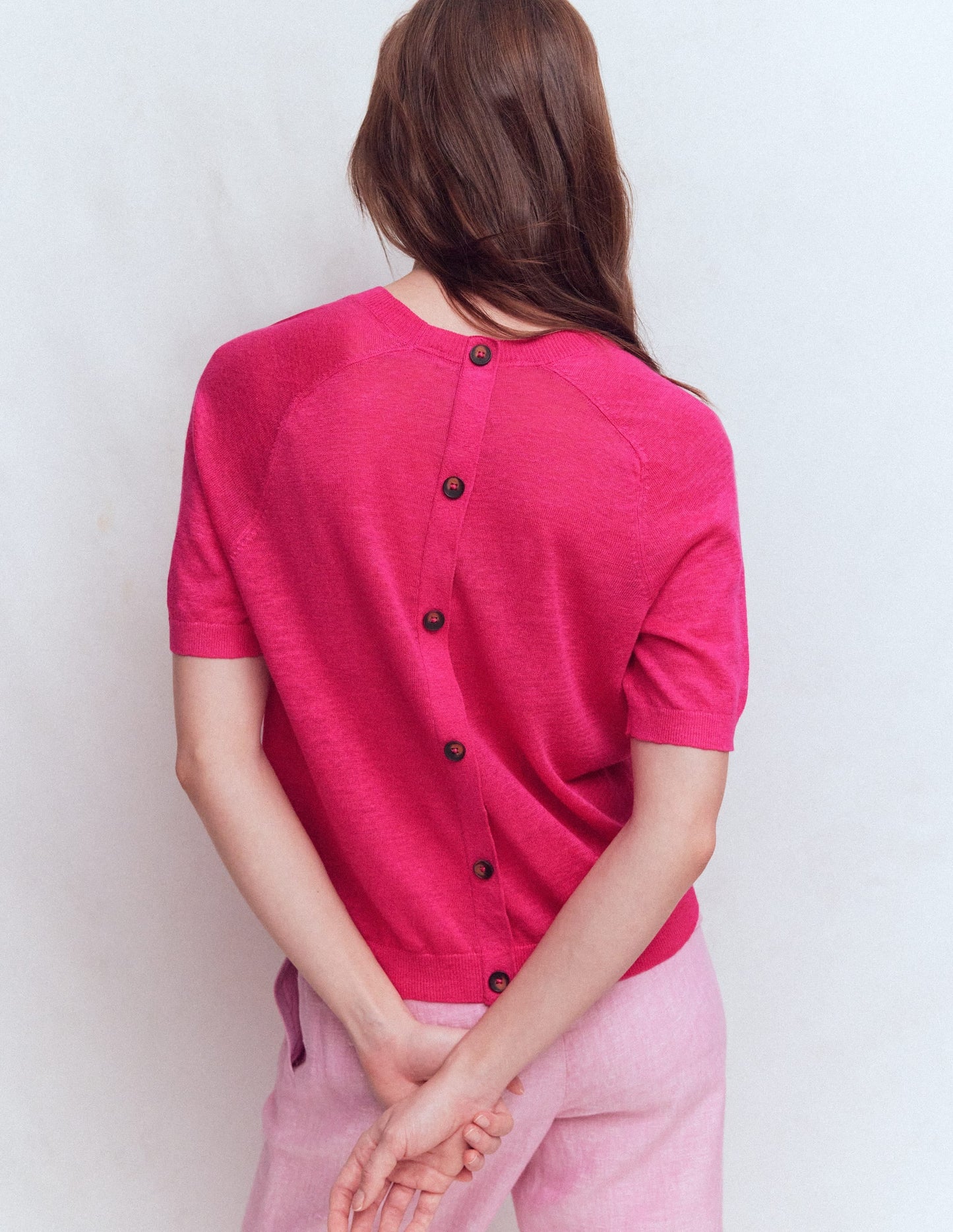 Agnes Linen Button T-Shirt-Pink Peony