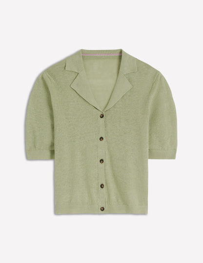 Agnes Collar Linen Cardigan-Green
