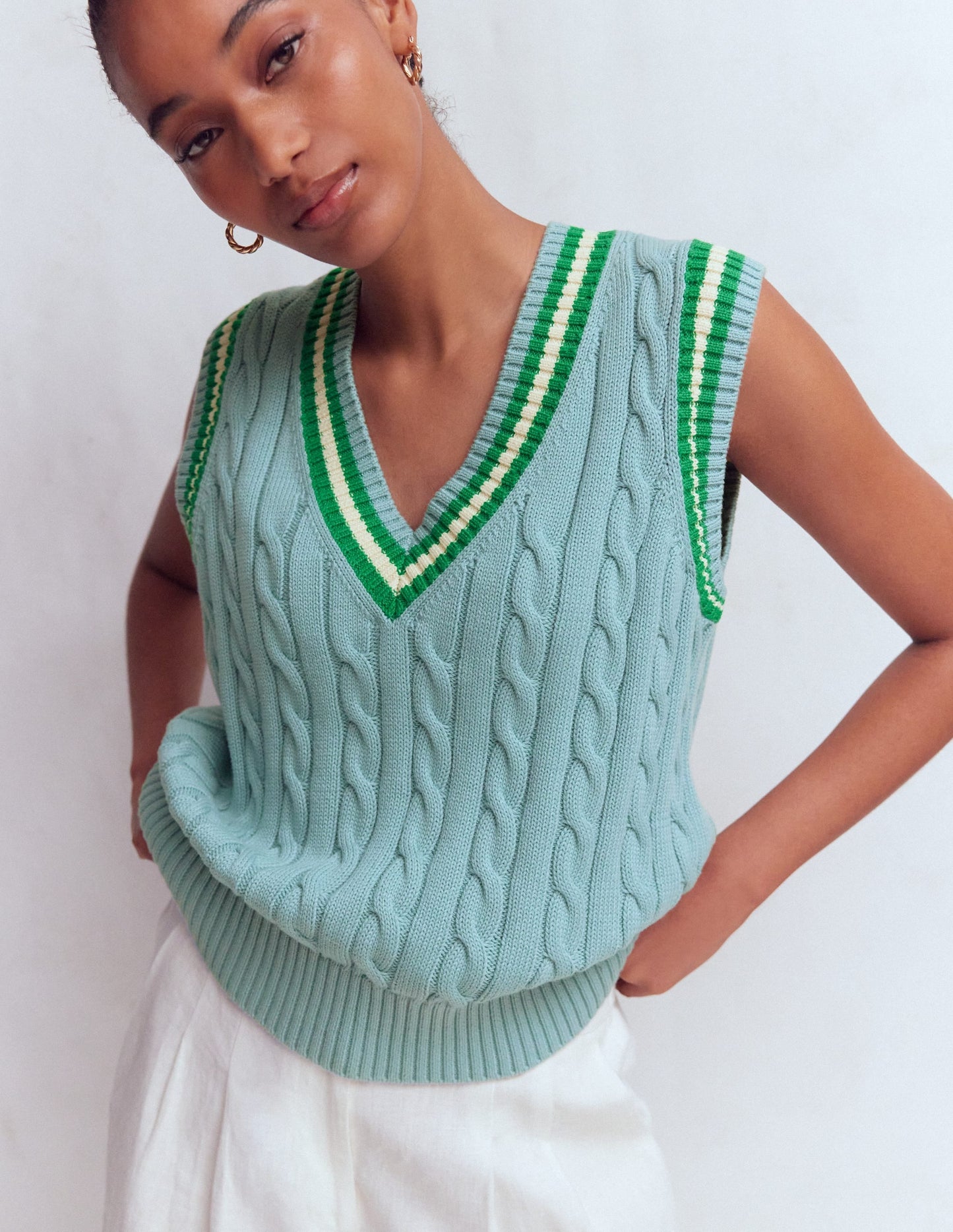 Maeve Cable V Neck Tank-Blue, Green