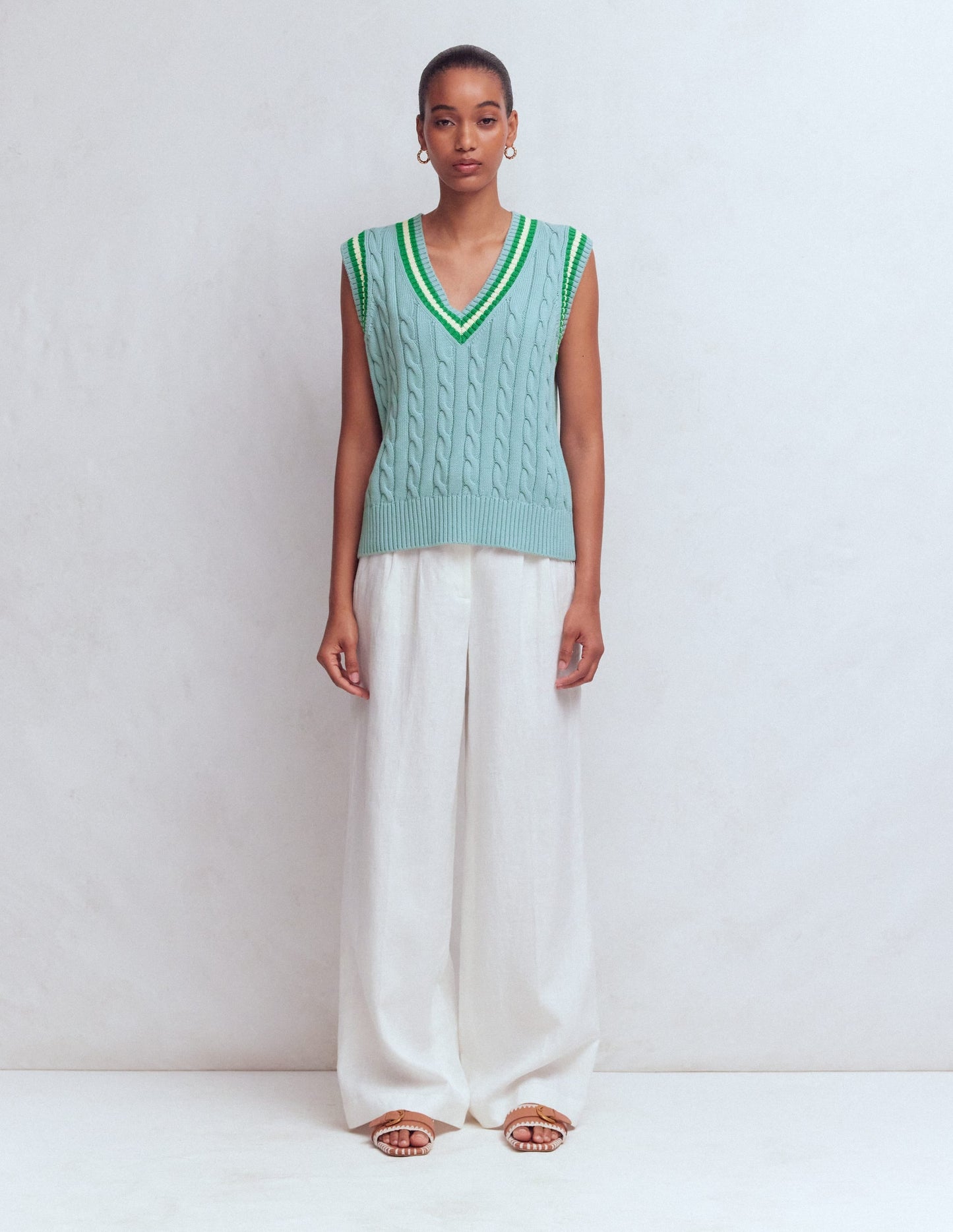 Maeve Cable V Neck Tank-Blue, Green