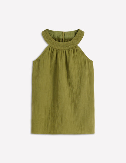 Halter-neck Double Cloth Top-Woodland Green