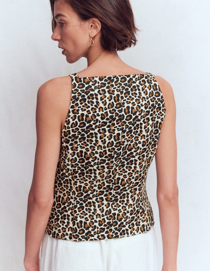 Square Neck Linen Waistcoat-Leopard Print