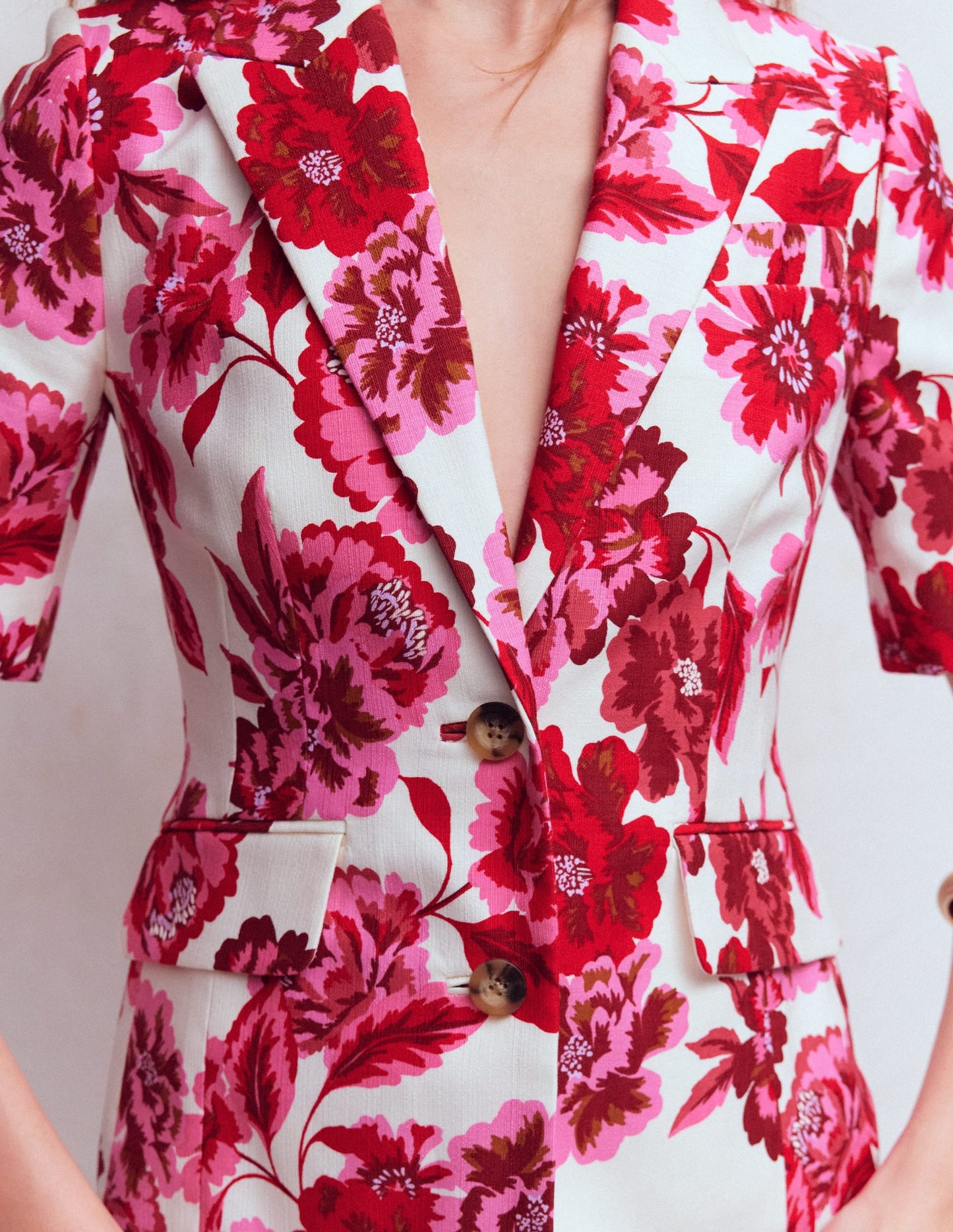 Short Sleeve Cotton Blazer-Sangria Sunset, Floral Print
