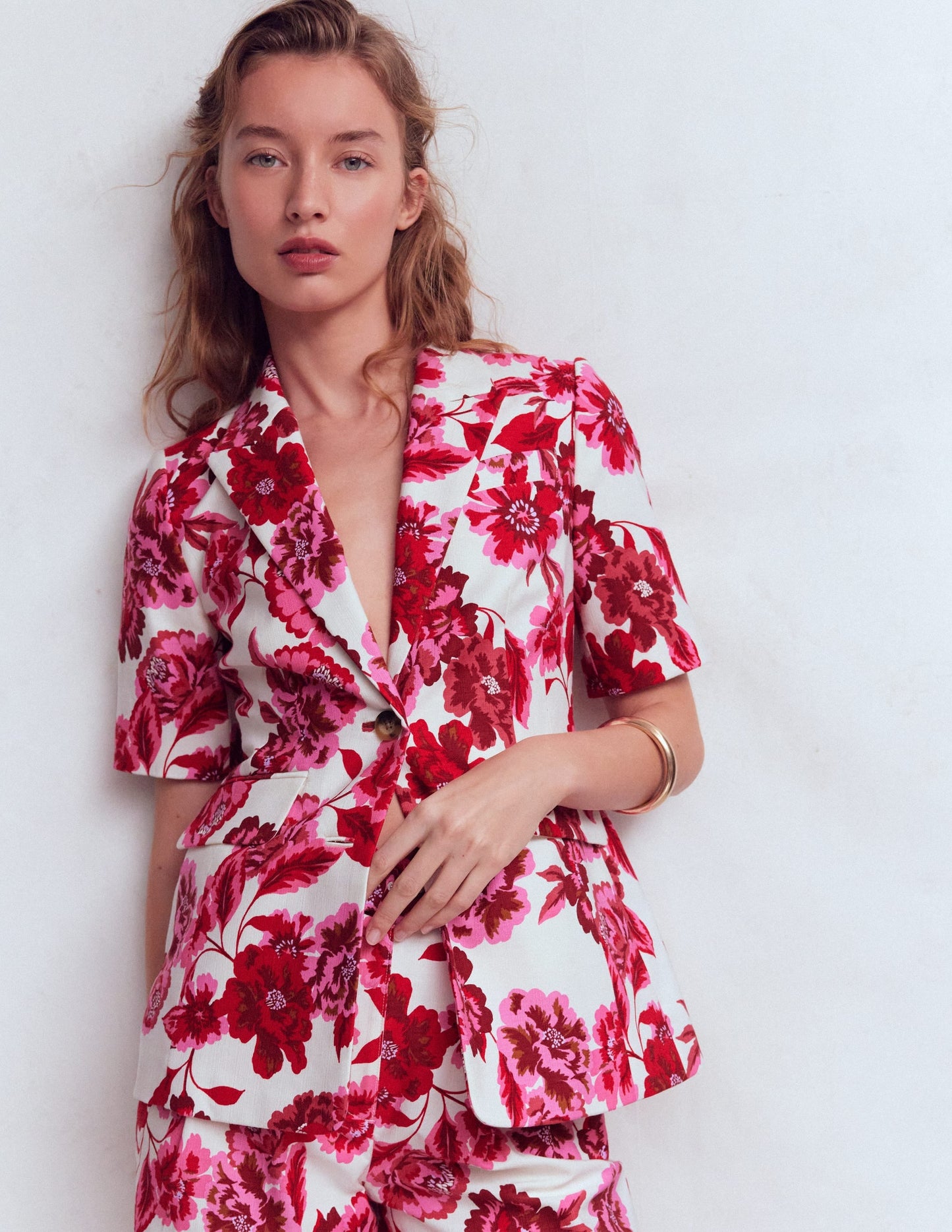 Short Sleeve Cotton Blazer-Sangria Sunset, Floral Print