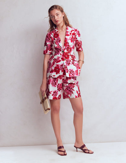 Short Sleeve Cotton Blazer-Sangria Sunset, Floral Print