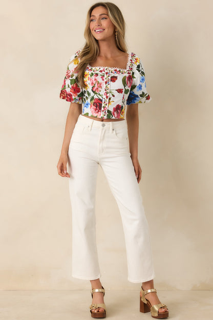 Painted Garden Ivory Multi Floral Cotton Puff Sleeve Top