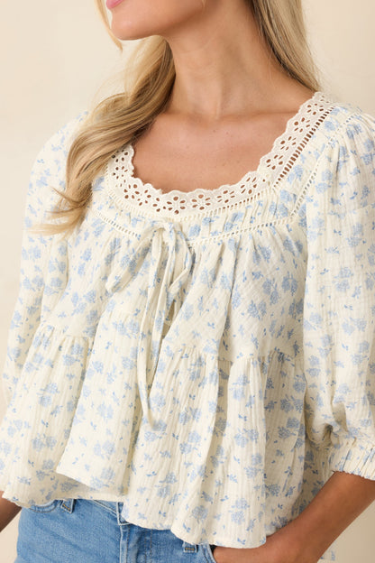 Sweetest Story Ivory & Blue Floral Cotton Blouse