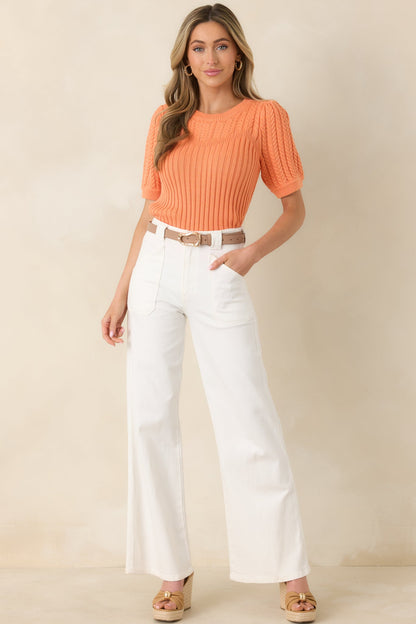 Don’t Doubt It Apricot Orange Cable Knit Short Sleeve Sweater