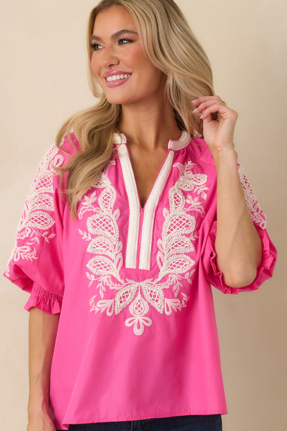 Simple Joys Pink Embroidered V-Neck Puff Sleeve Top