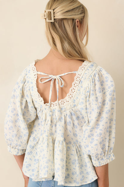 Sweetest Story Ivory & Blue Floral Cotton Blouse