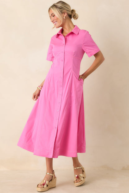 Make It Look Easy Pink Short Sleeve Midi Shirt Dress