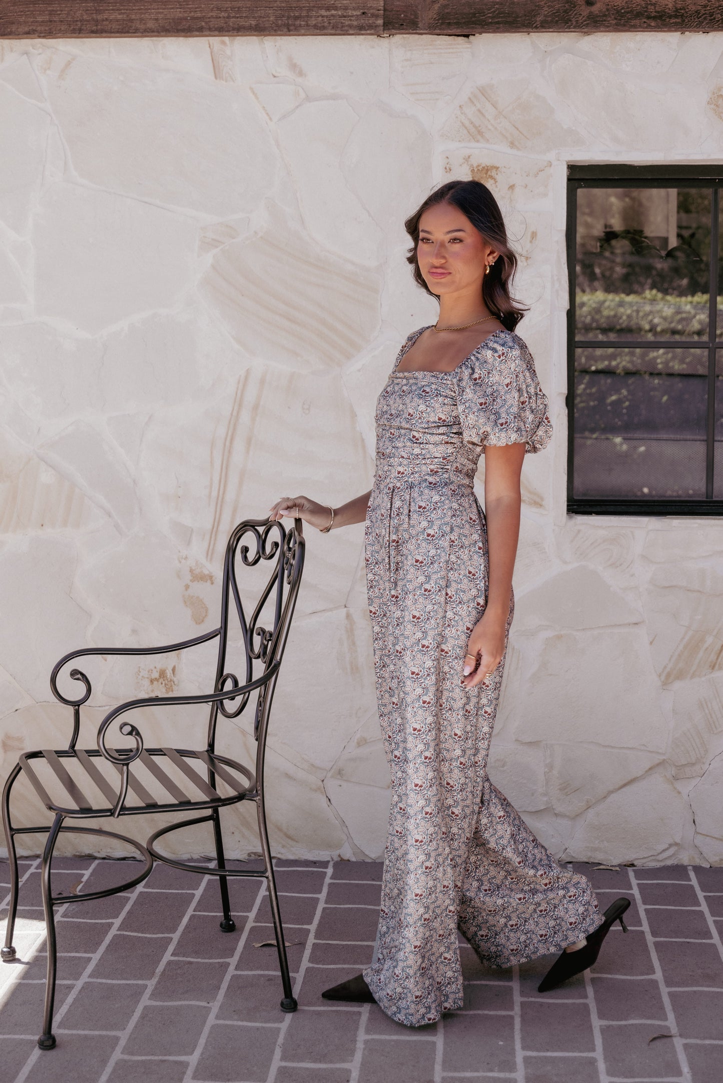 Jayda Puff Sleeve Jumpsuit - Grey Floral